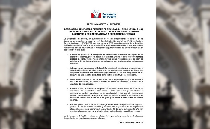 Defensoría también rechaza ley que amplía plazo de inscripción de candidatos para elecciones&nbsp;internas