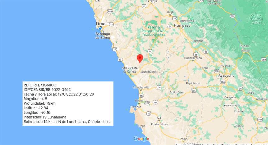 Temblor de magnitud 4.8 se registró en Cañete, informó&nbsp;IGP