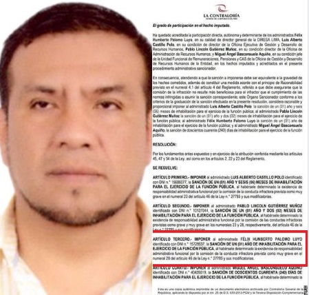 Contraloría inhabilita por un año para ejercer cargo público a ex director de la Diresa Félix Palomo Luyo y otros tres&nbsp;funcionarios