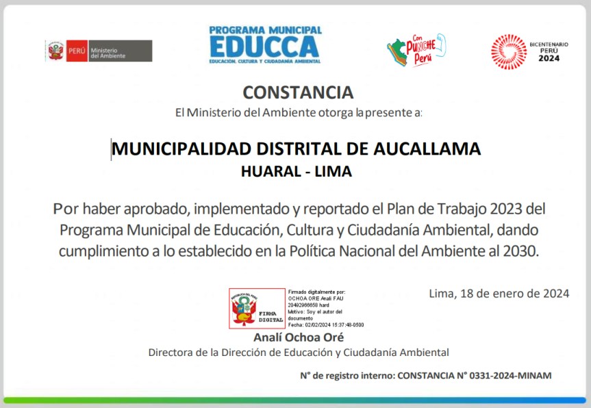 Ministerio del Ambiente otorga reconocimiento a la Municipalidad Distrital de&nbsp;Aucallama