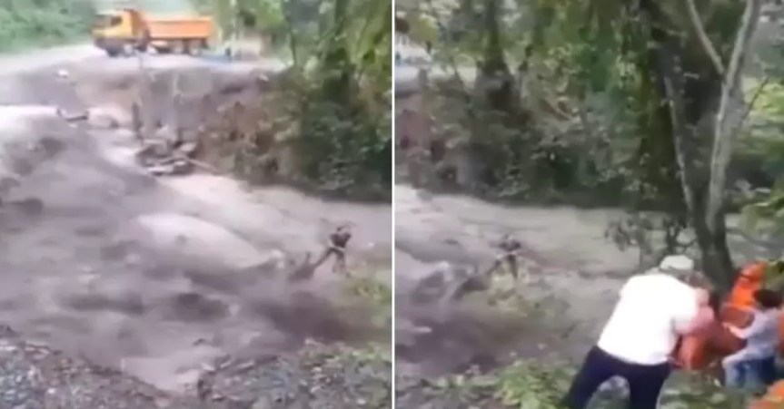 ¡De milagro! Captan el preciso momento del rescate de una mujer en medio de un&nbsp;huaico