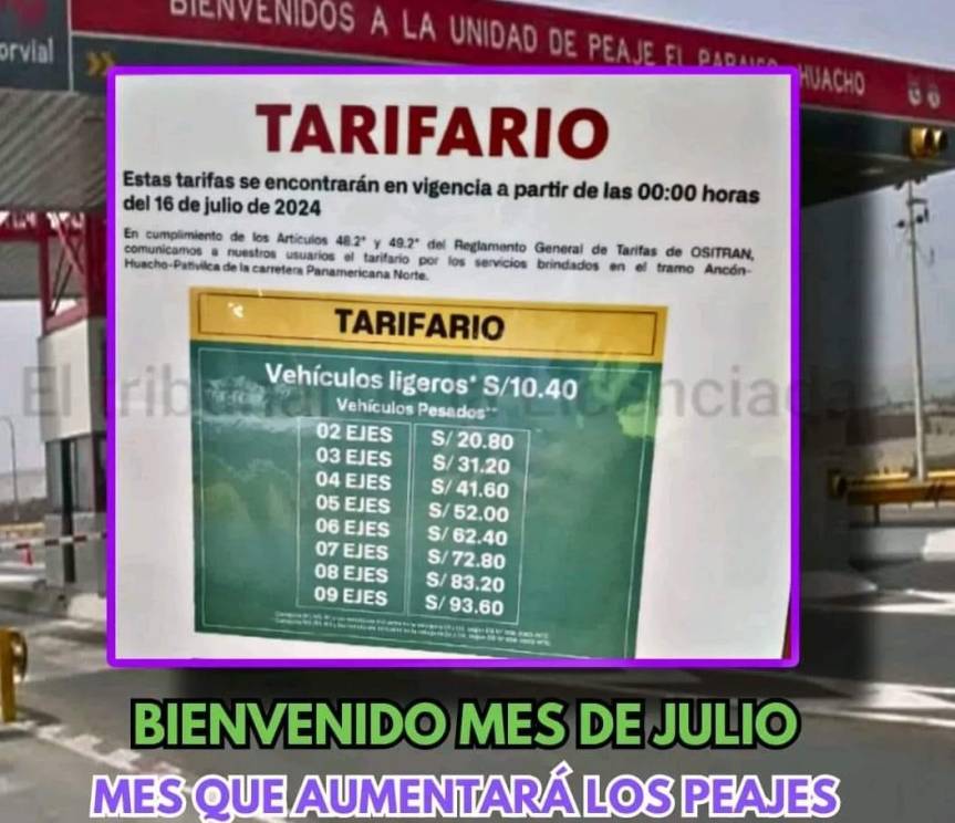 Desde el 16 de julio sube el peaje en el tramo Ancón – Huacho –&nbsp;Pativilca