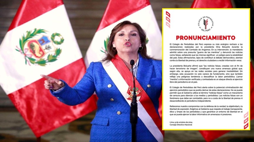 Colegio de Periodistas del Perú rechaza declaraciones de Dina&nbsp;Boluarte